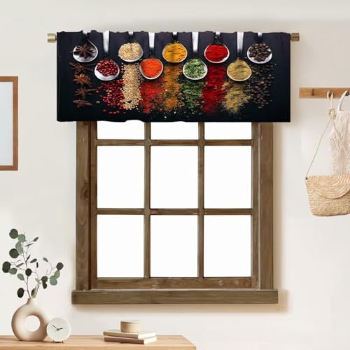 Image of ZhiRain Spoon Spices Valance Curtain Kitchen Seasoning Food Fruits Herb Rod Pocket Valance Window Treatments 1 Panel Short Curtains for Farmhouse Living Room Decor 54 x 18 in