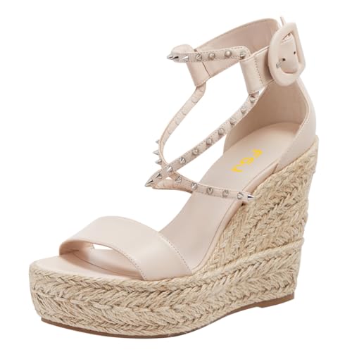 FSJ Women Open Toe Espadrilles Wedge Sandals Rivet Cross Strappy Buckle Ankle Strap Platform Sandals Casual Stylish Dressy Summer Shoes Size 4-16 US