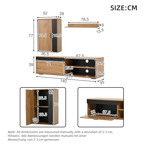 QXJVA Wohnwand 3-teilig 140 cm Holzoptik & Schwarz für kleine Wohnzimmer TV-Schrank Set mit Hängeschrank & Regal Modernes Lowboard Soft-Close TV Stand – Bild 3
