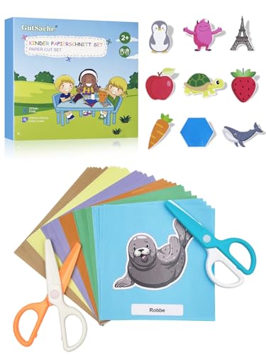 GutSache Kinderschere Set mit 2 Scheren und 48 Bastelpapier, Bastelset für Kinder ab 3 Jahre, Montessori Lernspielzeug für Feinmotorik, Vorschule & zu Hause, Ideales Mitgebsel Gastgeschenk