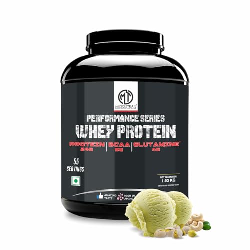 Image of MuscleTrail Performance Series Whey Protein | 24g Protein, 5g BCAA, 4g Glutamine | 55 servings (1.92Kg, Kaju Pista Badam)