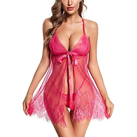 ADSEXY Chemise Lingerie for Women Mesh Sleepwear Lace Eyelash Babydoll V Neck Nightgown Open Front Negligee Boudoir Outfits Dark Pink Cover