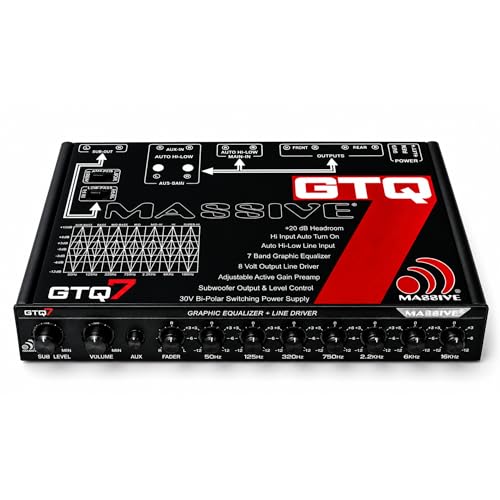 Image of Massive Audio GTQ7 | 7-Band Car Audio Graphic Equalizer - in-Dash 7V Line Driver, Adjustable Subwoofer Crossover, Dual RCA Inputs, High /Low Fader Control for Precision Sound Tuning