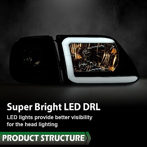Image of GRAND ORANGE Lightning Style Headlights Assembly LED DRL strip Compatible with 1997-2002 Ford Expedition /1997-2004 F150 /1997-1999 F250 Headlamps Smoke Lens Black Housing Amber Reflector