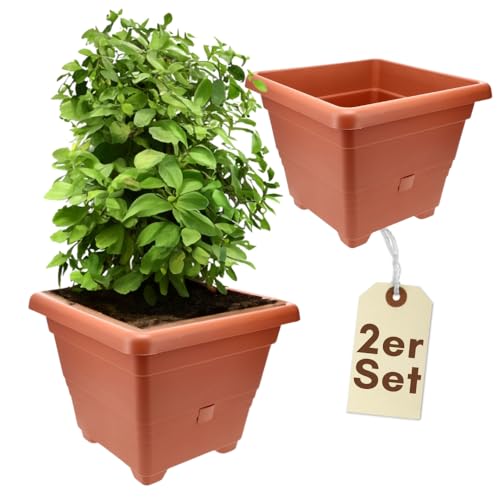 GarPet 2er Set Pflanzkübel Rechteckig Pflanzkübel Groß Außen Blumenkübel Outdoor Pflanztopf Pflanzkasten Blumentopf Wasserspeicher 35 cm Terrakotta