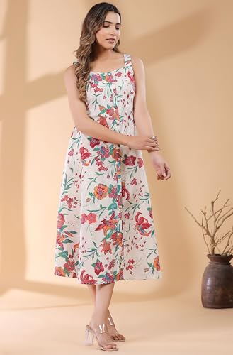 Image of Janasya Women's Cotton Floral Printed Gathered Dress