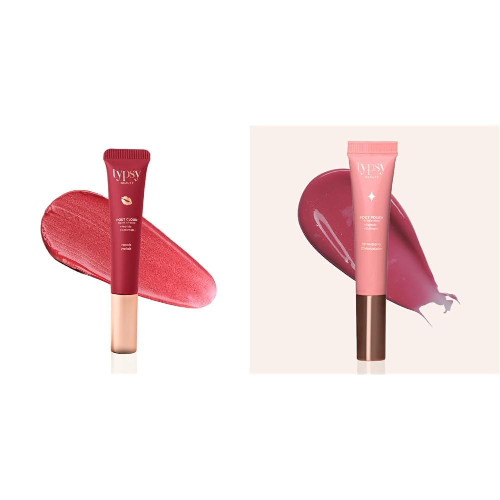 Typsy Beauty Pout Cloud & pout Polish Lip Balm Combo |Tinted Lip Balm with Peptides, Ceramides & Vitamin C & E | Rich colour payoff, Peach Parfait and Strawberry Cheesecake-image-44