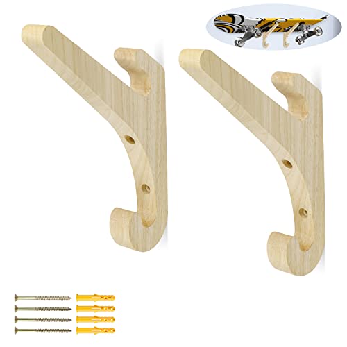 LNSYSNS 25 cm Crochet Mural en Bois, 2 Pièces Support Skateboard Mural, Patère en Bois Naturel Style Vintage, Patères Murales pour Raquettes, Planches à Roulettes et Clubs de Golf