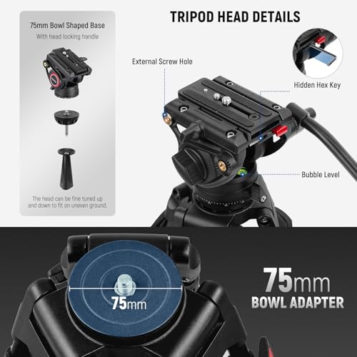 Image of NEEWER 74 inch Video Tripod with Fluid Head & Damping Control, Aluminum Heavy Duty Camera Stand Professional with QR Plate for DSLR Camcorders for Video Recording, Cleaning Cloth, Max Load 17.6 lbs, TP74