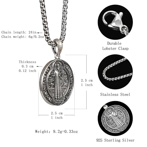 Sterling Silver Saint Benedict/Virgin Mary/Sacred Heart of Jesus Pendant Necklace for Men Women, St Benedict Medal/Lady of Guadalupe/Jesus Necklace Religious Christmas Gift2