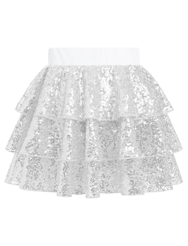 IBAKOM Girl Sparkly Sequins Skirt Elastic Waist Hip Hop Dance Outfits Ruffle 3 Layers Pageant Birthday Party Concert Pleated Mini Skorts A-Line Tween Girl School Prom Dance Skirts Silver 8-9 Years