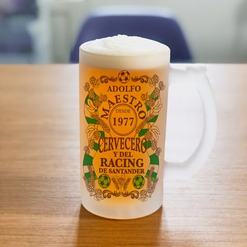 Bee Ingenious Jarra cerveza personalizada Maestro cervecero y del Racing de cristal esmerilado con nombre y año personalizados Regalo para hombres. Regalo para padre, novio. (Maestro Racing)