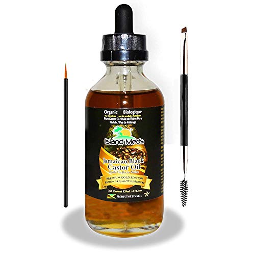ISLAND MEDS GOLD Organic Jamaican Black Castor Oil (4oz) 100% Pure - For Lashes, Brows, Skin & Hair - Promotes Thicker Eyebrows, Eyelashes & Healthier Skin With Bonus Brush Kits