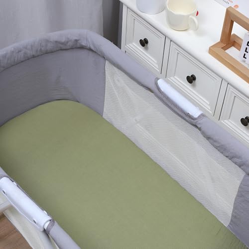 Image of Onacosht Muslin Bassinet Sheets 3 Pack, 35 inchx20 inch, Beige Green and Blue