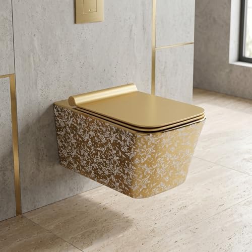Image of InArt Ceramic Commode Wall Mount /Wall Hung Western Toilet /Water Closet /EWC /WC /European Commode for Bathrooms P Trap Outlet is from Wall with Soft Close Seat Cover Square (Gold Leaf Pattern)