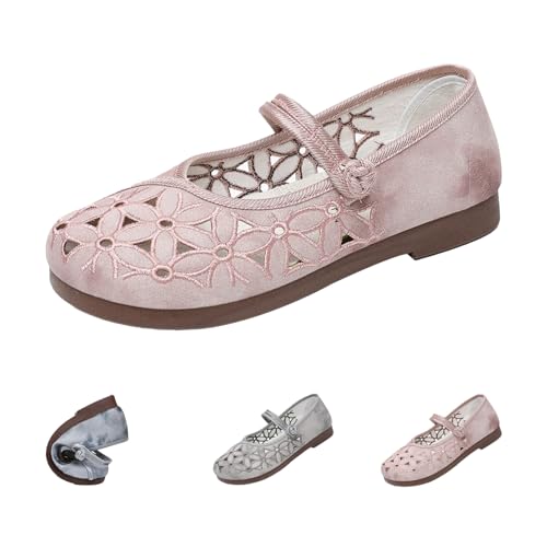 Women's Summer Mary Jane Ballet Flats,Lightweight Comfort Round Toe Flowers Embroidered Dress Casual Canvas Shoes