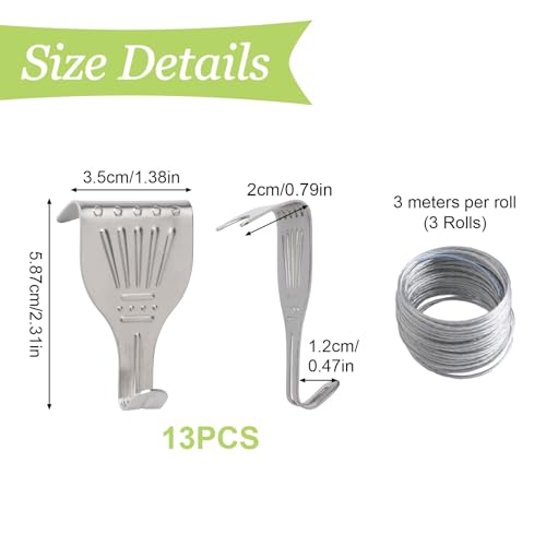 Image of Picture Hanging Kit 13Pcs Picture Rail Hooks with 3 Rolls 3M Picture Wires Silver Picture Rail Hanging Hooks Picture Display Hanging System Accessories for Wall Picture, Exhibition
