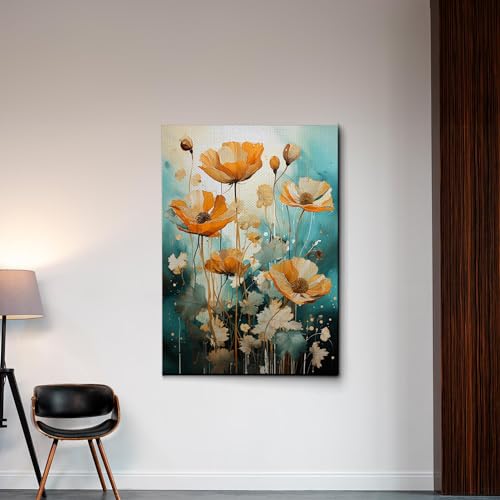 StoreUSA99 Teal Watercolor Floral Canvas Art – Modern Aqua and Gray Poppy Prints, Teal Orange Botanical Wall Art, Contemporary Floral Landscape Decor
