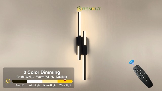 Image of Benkut Modern LED Wall Sconce Black Remote Wall Light Fixtures for Bathroom, Dimmable Vanity Light Indoor LED Remote Wall Sconce for Bedside Bedroom Living Dining Room (1 Pack 3000-6500K 19.7inch)