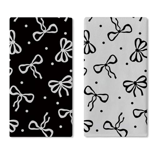 Croar Black White Bow Kitchen Dish Towels Set of 2