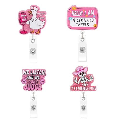 4Pcs Retractable ID Badge Holder Nurse Badge Reel with Fun Designs Pink Name Tag Reel for Nurses Teachers Medical Staff Students Ideal for Hospitals Schools Offices Christmas Gifts
