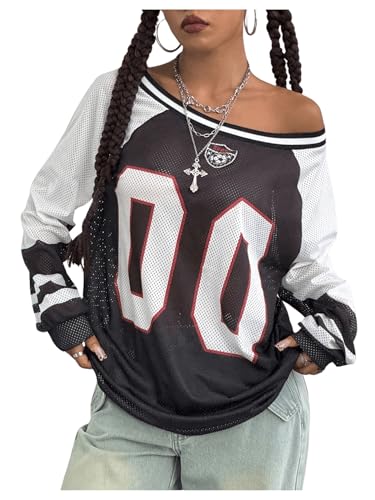 Women's Y2k Mesh Jersey Shirts Sheer Number Graphic Tees Oversized Long Sleeve Tee Top Streetwear