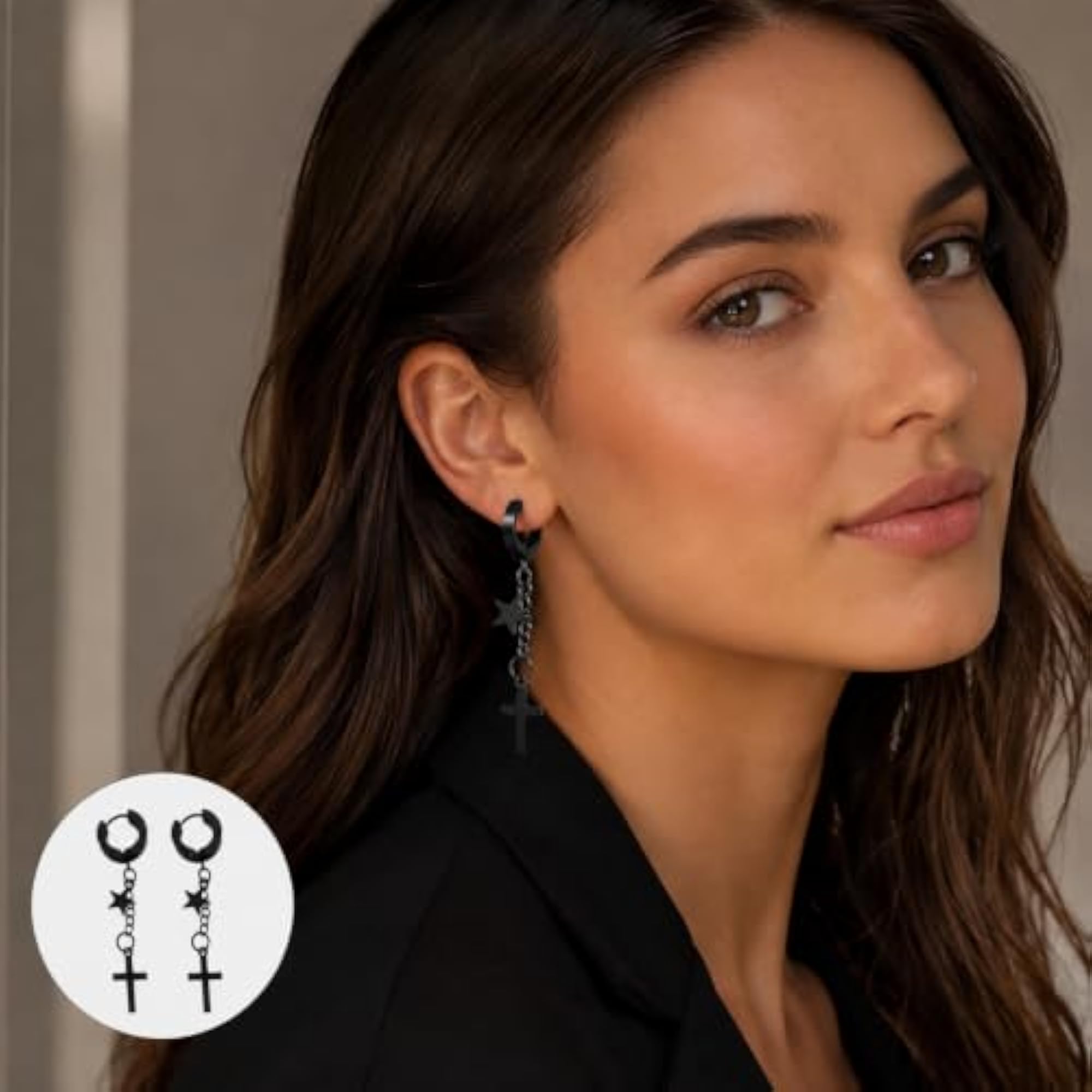 Religious Jesus Cross & Star Double Chain Charm Drop Hoop Earrings