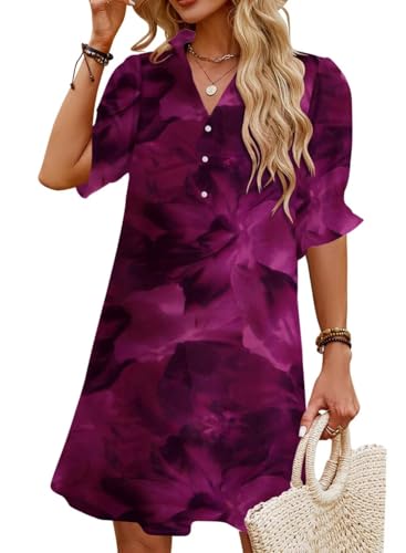 Image of Womens Summer Shirt Mini Dresses 2026 Beach | Flowy Shift Dress, Button V Neck, Polo Collar, Ruffle Short Sleeve, Floral Boho Style, Casual Vacation Outfits with Pockets