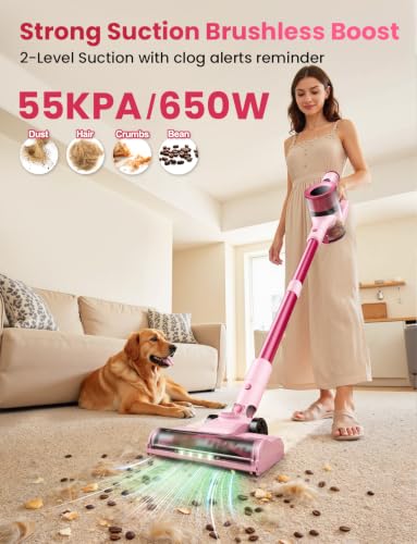 Image of Dzaki Cordless Stick Vacuum Cleaner, 650W 55KPa Brushless Motor, 60-Min Runtime, Detachable Battery, Anti-Tangle, Self-Standing, Vacuum Cleaners for Home, Pet Hair, Carpet & Hardwood Floors