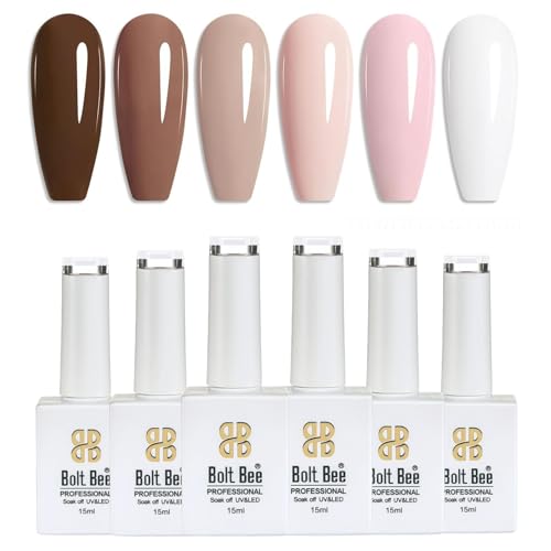 Image of Bolt Bee Gel Polish Kit, 6 Colors Light Soft Sakura White Nude Spring Soak off Nail Art Design Manicure Kit at Home (Brown & Pink Shades)