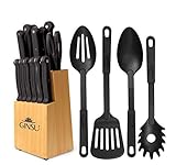 Ginsu KIS-KB-DS-018-2 Kiso Dishwasher Safe Black 18 Piece Knife Set With Natural Block, 10'W x 15'H...