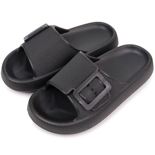 Buckle Rubber Arch Support Pillow Slippers Comfy Cloud Slippers Thick Sole EVA Soft Cushion Slides Open Toe Quick Drying Spa Bath Pool House Casual Shower Sandals Indoor Outdoor,Black 35-36