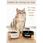 cat food bowls with wood stand for food & water, basic ceramic cat bowls for indoor cats, Weighted Pet Bowl Set, black and white - Image 2