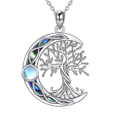 YAFEINI Collar con colgante de árbol de la vida, plata de ley 925, piedra lunar, nudo celta, joyería para mujer, 18+2, Plata esterlina, Sin piedra preciosa