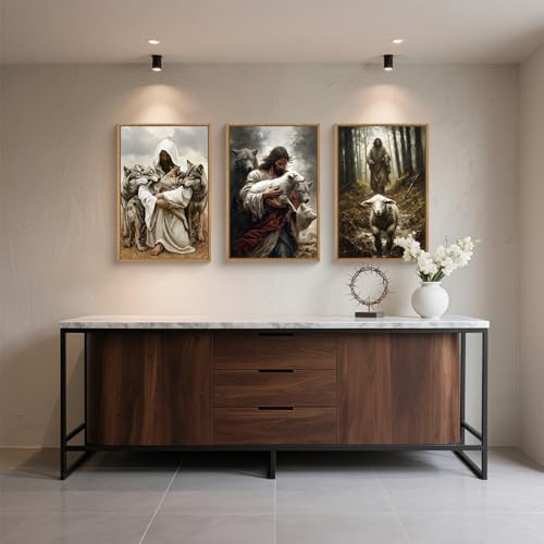 Image of KAIRNE Jesus Lost Lamb Framed Canvas Wall Art Set,Vintage Shepherd Protect a Lamb from Wolves Wall Decor,Retro Religious Bible Faith Artwork for Living Room,Bedroom,Church-24 x36 x3