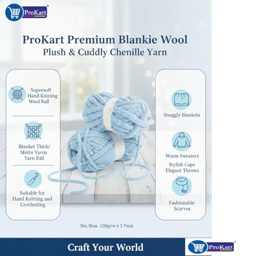 Image of ProKart Premium Blankie Wool, Plush & Cuddly, Chenille Yarn Supersoft Hand Knitting Wool Ball | Blanket Thick /Mottu Yarn Ball Suitable for Hand Knitting and Crocheting (Sky Blue, 100gms x 1 Pack)