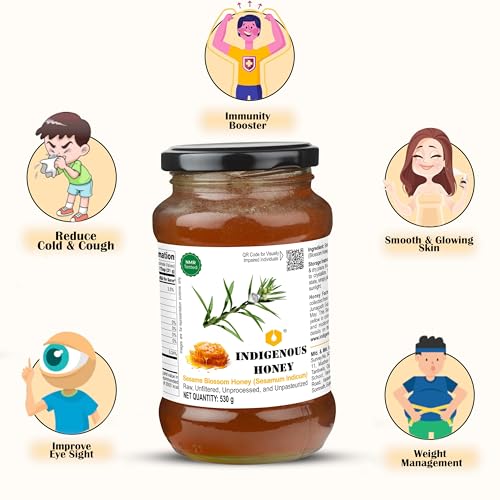 Image of INDIGENOUS HONEY Raw Organic Sesame Til Honey 17.64 oz Glass Jar | Natural Sweetener Pure Unprocessed Suger Free Unpasteurized Honey Pack of 1