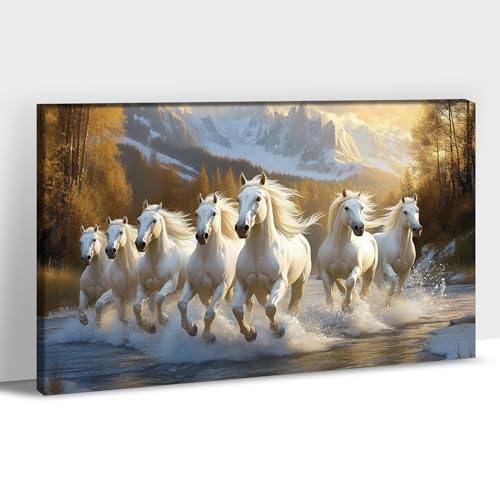 ANRUOXI Horse Pictures Wall Decor, 7 Running Horses Wall Art Vastu With Frame, Horse Posters Canvas Wall Art, Seven Horses Running Painting Vastu Shastra for Living Room Office Ready To Hang 32x48''