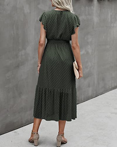 Image of BTFBM Women Summer Bohemian Floral Casual Wrap V Neck Ruffle Cap Sleeveless Belt A-Line Pleated Hem Midi Sun Dress White