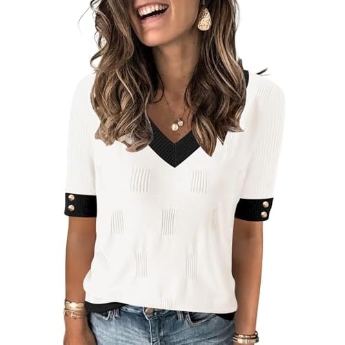 AKEWEI Womens V Neck Sweater Short Sleeve Lightweight Knit Spring Summer Tops with Decorative Buttons White Color Block Large