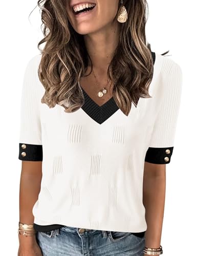 AKEWEI Ladies Sweaters V Neck Short Sleeve...