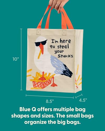 Blue Q Handy Tote Bag - I'm Here to Steal Your Snacks - Recycled & Reusable Sturdy Canvas Shopping Bag with Quirky Art and Handles, 95% Recycled Material Ideal for Lunch, Gift, 10" h x 8.5" w x 4.5" d