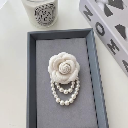 Image of Elegant Fabric Camellia Flower Brooch Pins for Women,Vintage Pearl Tassel Corsage Jewelry Brooches Dainty Lapel Pins Party Wedding Gifts