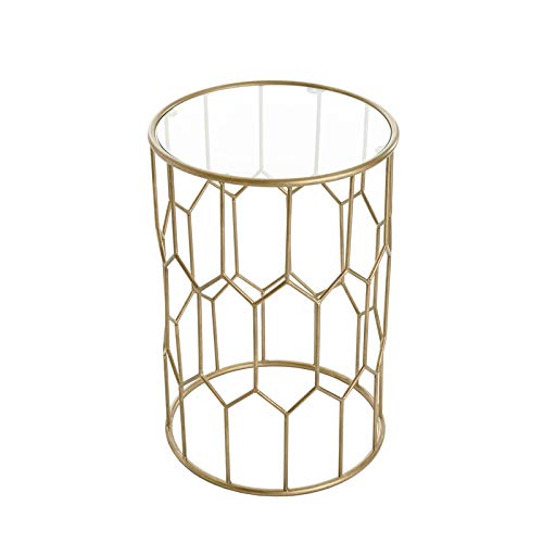 Adore Decor Harper Modern Glass And Metal Side Table, Gold Geometric Decorative Drum Small Accent For Living Room, 15.75" Wide Tabletop #TOP7