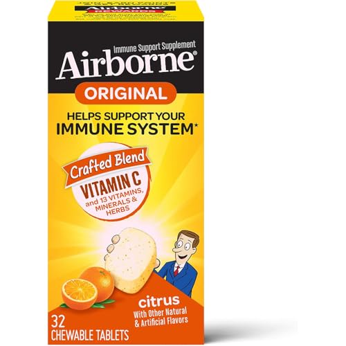Airborne Citrus Chewable Tablets, 32 count - 1000mg of Vitamin C - Immune Support Supplement (Packaging May Vary) ( Pack of 2)