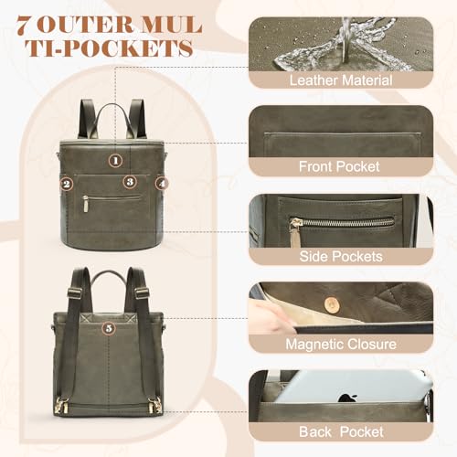miss fong Diaper Bag Backpack Baby Diaper Bag, Large Leather Diaper Backpack with 16 Pockets Travel Diaper Bag with Diaper Changing Pad, Stroller Straps & 2 Insulated Pockets (Convertible, Forest)