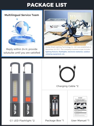 Image of Smiling Shark G1 Flashlight, 2 Pack Small Bright LED Rechargeable Flashlights High Lumens with Side Light & Hook & Zoomable brightest handheld Waterproof Flash Light for Emergencies /Camping /Home, Gray