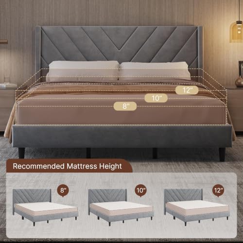 Image of Yaheetech King Bed Frame Upholstered Platform Bed /Wooden Slat Support /Tufted Headboard with Wing Side /Mattress Foundation /No Box Spring Needed,Light Gray King
