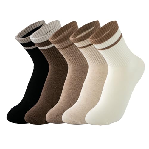 Image of Deeorla Womens Striped Crew Socks Brown Vintage Retro Athletic Socks 5 Pairs