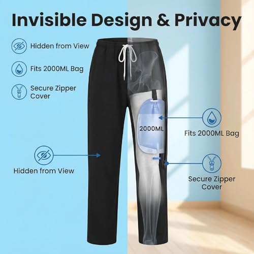 Image of Catheter Pants for Men Women, Incontinence Urine Leg Bag Holder Pants with Dual Inner Pockets for Elderly, Nephrostomy, Cystostomy, Biliary Drainage(Black,2XL)